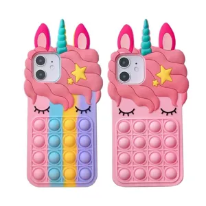 Silicone 3D Unicorn Pop It Phone Case for iPhone, Cute Rainbow Fidget Toy Cover Soft
