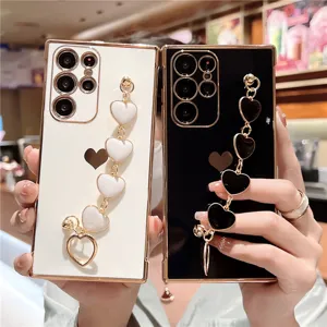 Samsung Galaxy Phone Case Electroplated TPU Soft Cover With Heart Chain Wristband Luxury Protective Case