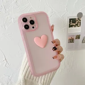 Roze frosted siliconen telefoonhoesje met 3D hart ontwerp voor iPhone 13 12 Pro Max beschermhoes