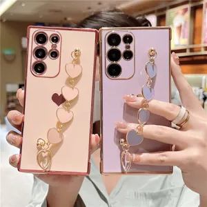Electroplated heart bracelet phone case for Samsung, cute soft protective cover with chains.