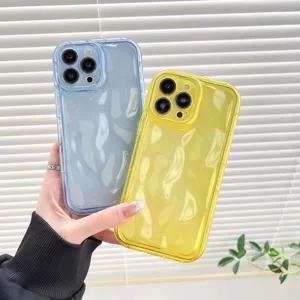 Colorful wavy silicone phone case compatible with iPhone, liquid texture, clear back cover.
