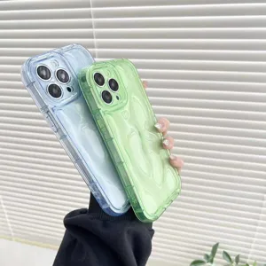 Close-up detail of colorful wavy phone case, aesthetic pastel green and blue protection.