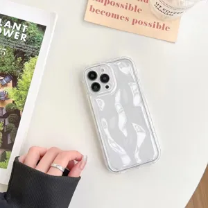 Transparent liquid wavy folded phone case detail view, aesthetic design for iPhone models.