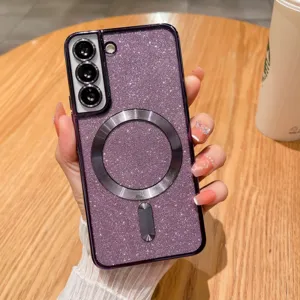 Custodia per telefono magnetica con glitter viola, protezione per fotocamera e anello per Samsung.