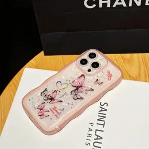 Japans stijl glitter vlinder telefoonhoesje voor iPhone 14 13 Pro Max golvend design