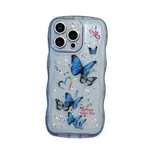 Blauwe golvende glitter vlinder telefoonhoesje compatibel met iPhone hars ontwerp.