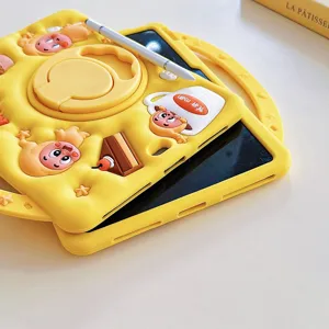 Yellow silicone tablet case with 360 rotating stand and cute cartoon character design for iPad.