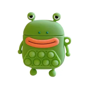 Coque de protection AirPods en silicone vert grenouille mignonne avec bulles pop it design