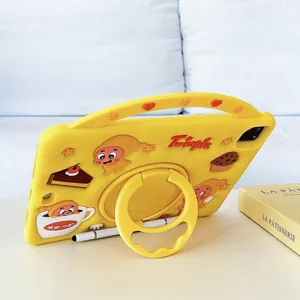 Yellow silicone tablet case with 360-degree rotating ring stand, handle and cute cartoon design.