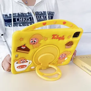 Detailed view of the yellow silicone iPad case featuring cute star character and 360-degree stand.