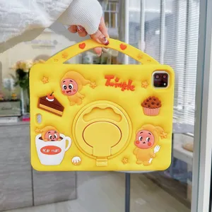 Cute yellow silicone tablet case with 360 rotating stand and handle for iPad kids.
