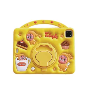 Yellow silicone tablet case with handle and rotating stand for iPad, cute cartoon design.