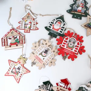 Multi-Layer Hollow Wooden Christmas Pendants Elk Snowman Christmas Tree Hanging Ornaments Holiday Party Home Decor