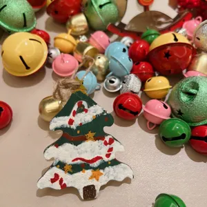 Christmas tree wooden hanging ornament with colorful jingle bells holiday decor pendant