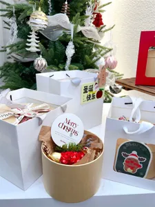 Dettaglio confezione regalo di Natale con sacchetti di carta bianca e scatole rotonde.