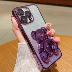 Paarse glitter iPhone hoesje met een prachtig 3D gefacetteerde diamanten berenstandaard.