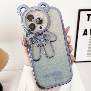 Cute bear electroplated glitter phone case with stand, fits iPhone, luxury shiny cover.
