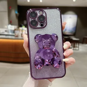 Glitter telefoonhoesje met 3D diamant beer standaard en gegalvaniseerde rand voor iPhone