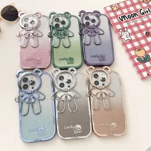 Cute Bear iPhone 15 Pro Max Electroplated Phone Case Glitter Stand Full Protection TPU Back Cover Cute Cartoon Design