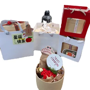 Set di borse per confezioni regalo di Natale, sacchetti di carta bianca e scatole con etichette.
