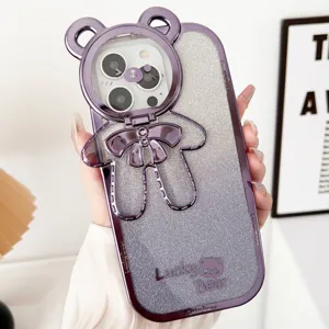 Cute electroplated glitter bear phone case with folding stand for iPhone 15 Pro Max 13
