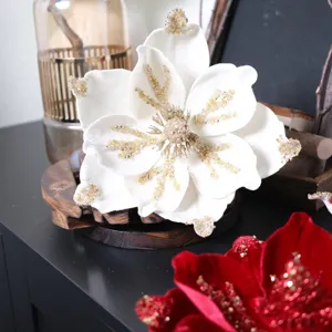 White velvet Christmas flower with gold glitter for DIY holiday wreath and home decor.