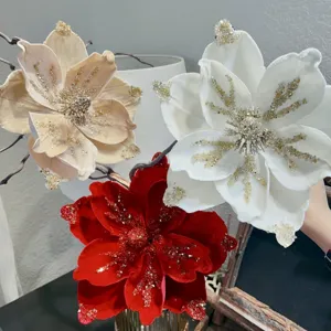 Christmas velvet artificial flowers with glitter crystals for DIY wreaths holiday decor wholesale