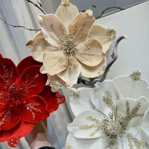 Christmas velvet flower with glitter for DIY wreath decoration, multi-color floral decor.