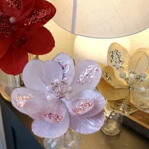 Künstliche Glitzer Magnolien Blumen mit Perlen Staubfäden für Weihnachtsbaum Deko