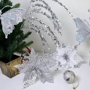 Silver glitter Christmas butterfly poinsettia flower tree hanging holiday decoration set.