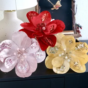 Weihnachten Künstliche Magnolienblüte Perle Staubfäden Glitzer Glänzend Blumen Für Weihnachtsbaum Urlaub Heimparty Dekor