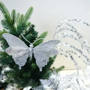 Silver glitter hollow butterfly Christmas tree hanging ornament for holiday party hotel decor