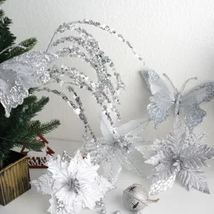Silver glitter Christmas decorative flowers hollow butterflies tree hanging ornaments hotel props