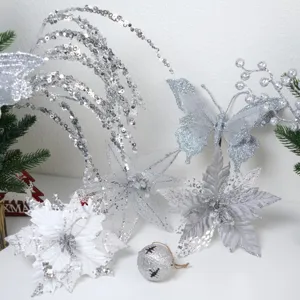 Silver Sequin Hollow Butterfly Christmas Tree Decoration Flower Holiday Party Hotel Display Props Festival Ornaments