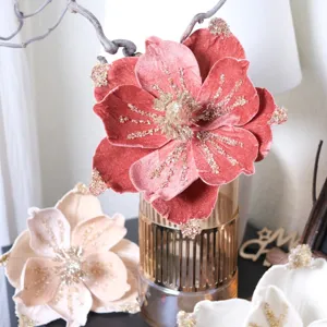 Christmas velvet flower with glitter for DIY holiday wreath and home decoration.