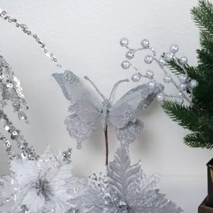 Silver glitter butterfly Christmas tree decoration ornament, perfect for holiday party home decor.