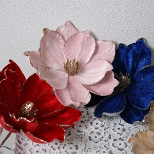 Velvet Christmas flowers with glitter gold edges, perfect for tree and holiday decoration.