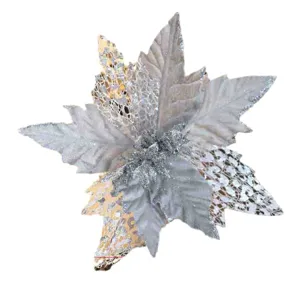 Silver glitter hollow Christmas tree flower decoration, elegant butterfly design for holiday.
