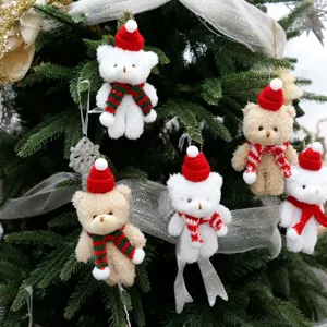 Christmas Plush Bear Doll Keychain Santa Hat Red Green Scarf Stuffed Animal Toy Christmas Tree Hanging Ornament Gift