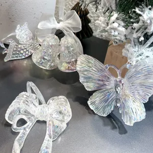 Transparent iridescent acrylic Christmas tree hanging ornaments, bell and butterfly pendants.