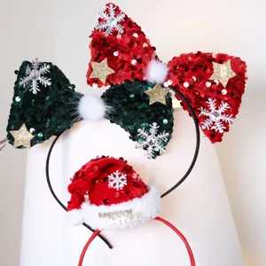 Christmas sequin bow headband with mini Santa hat holiday party photo props hair hoop