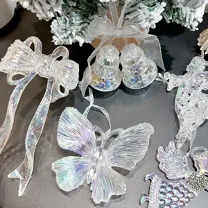 Transparent iridescent acrylic Christmas tree hanging ornaments set detail view for holiday decor.