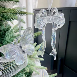 Clear Acrylic Butterfly Bow Christmas Tree Hanging Ornament Transparent Festival Decor.