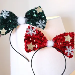 Christmas sequin bow headband with stars snowflakes, festive party hair accessory photo props.