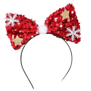 Christmas red sequin bow headband with glitter stars and snowflakes for festive party hair hoop