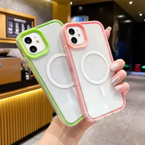 Detailansicht bunter magnetischer transparenter Handyhüllen mit Macaron-Rändern und Ring.