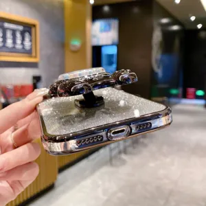 Coque de téléphone à paillettes avec support d'ours 3D mignon pour Samsung, bord galvanisé brillant.