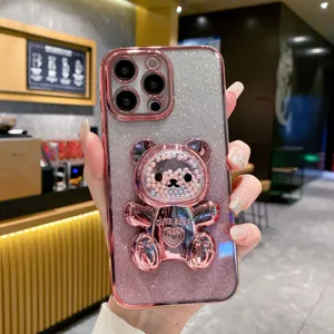 Coque ours perles paillettes avec cadre or rose élégant pour un éclat quotidien exceptionnel.