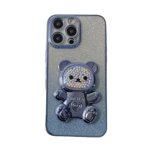 Coque de téléphone dégradé pailleté bleu avec support ours perle souple pour Samsung