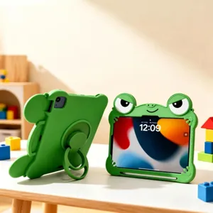 Custodia protettiva per tablet in silicone verde rana cartone animato con supporto ad anello